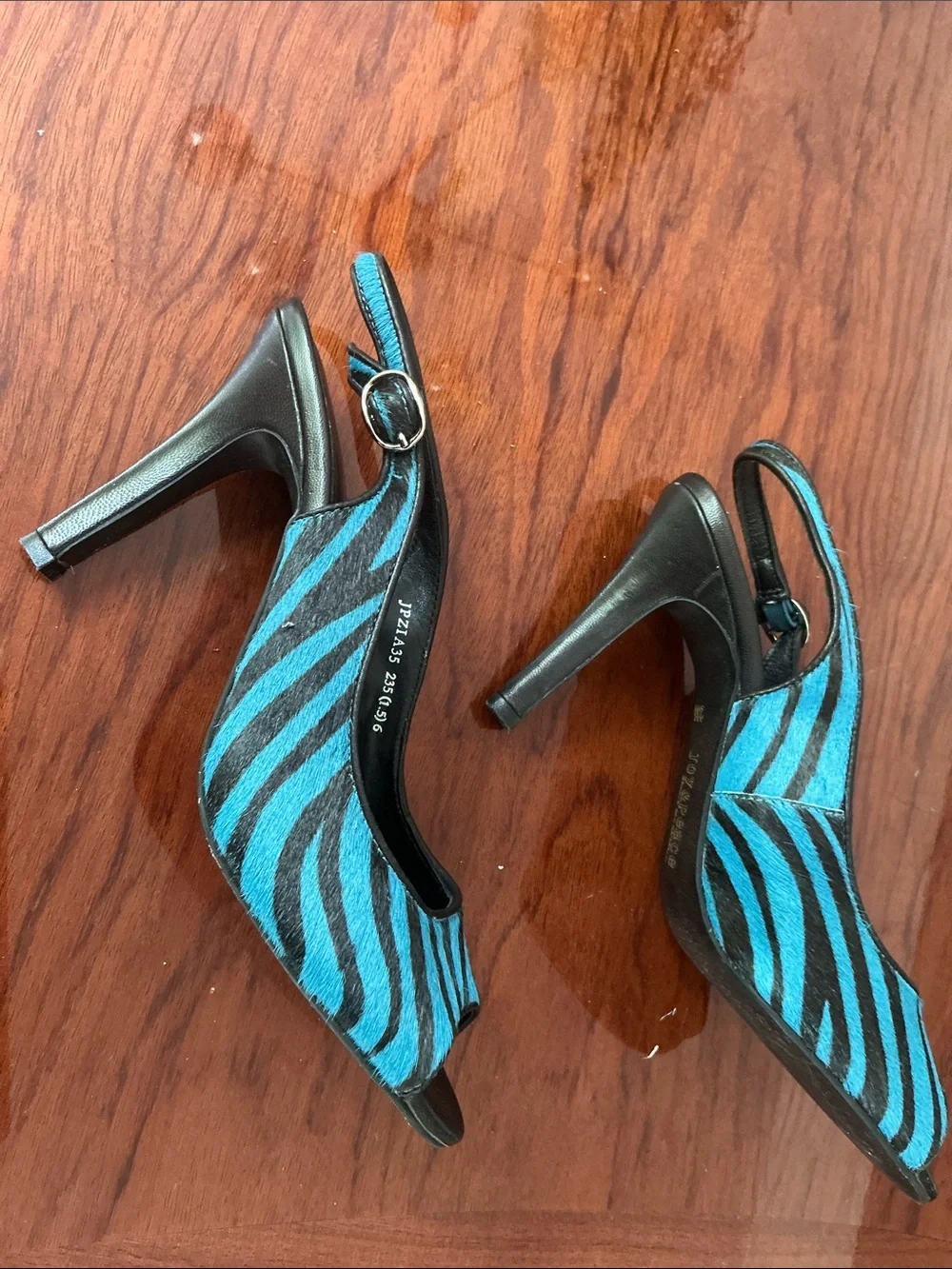 Turquoise Zebra-Print Slingback Heels